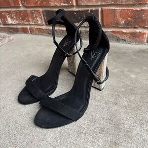 Windsor Double Wrap Strap Black Heels w/ Gem Accents